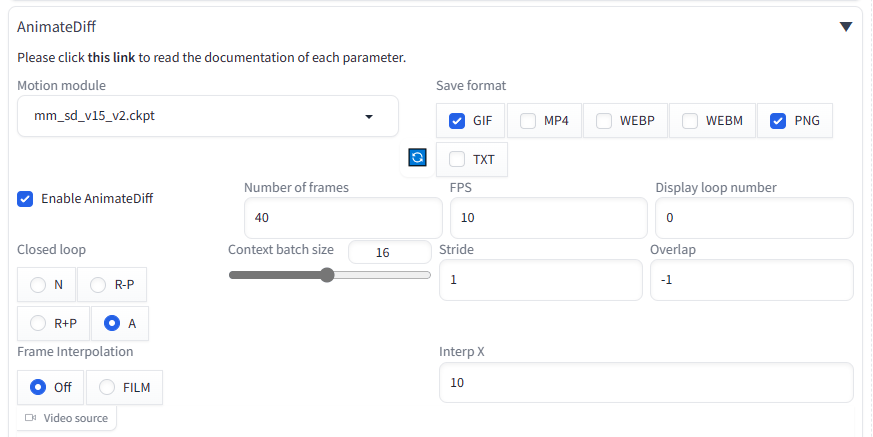 Settings for AnimateDiff